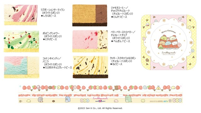 「すみっコぐらし クリスマス パレット６」限定デザインのケーキフィルムと、ケーキを載せるお皿とテーブルデザインのケーキ台紙【サーティワン「HAPPY ICECREAM CHRISTMAS」】