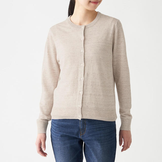 ＵＶカットフレンチリネンクルーネックカーディガン・ベージュ