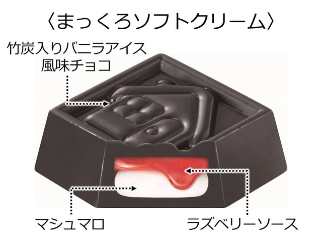 まっくろな竹炭入りバニラアイス風味チョコで、おばけをイメージした白いフワフワなマシュマロと真っ赤な口をイメージしたラズベリーソース入り