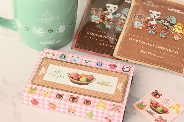 【ゴディバ×あつまれ どうぶつの森】「ゴディバ × あつまれ どうぶつの森 アソートメント（6粒入）&ホットチョコレート&マグカップ セット グリーン」セット内容