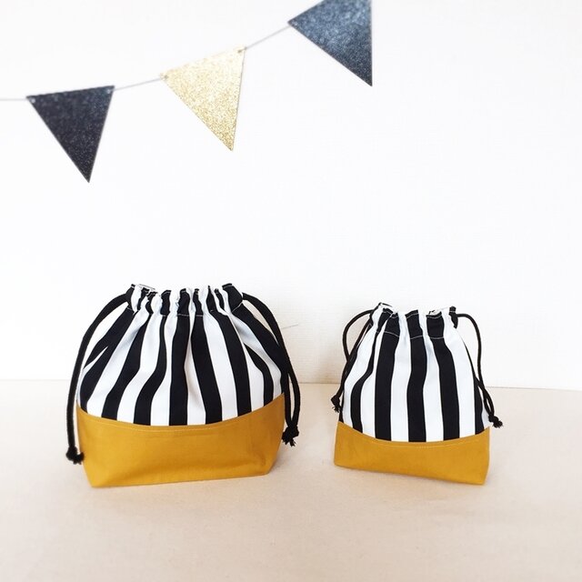 ストライプにマスタード☆お弁当袋＆コップ袋　北欧デザイン／bonbon ribbon／2,800円