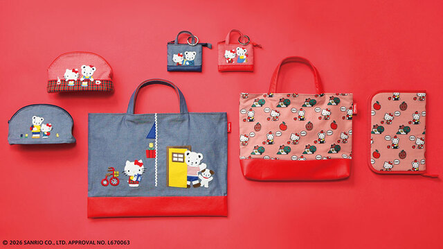 【familiar×ハローキティ】ポーチ13,200円（税込）／デニムバッグ　33,000円（税込）／ミニデニムバッグ　9,900円（税込）／バッグ（マチ付き）　22,000円（税込）／マルチケース　16,500円（税込）