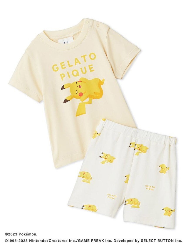 【ポケモンスリープ】【ベビー】接触冷感プリントTシャツ＆ショートパンツセット　ピカチュウ　￥7,920　サイズ：70 / 80
