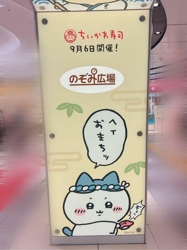 のぞみ広場柱の装飾。お寿司を握るのは得意なハチワレ。ムン顔がたまりません…！