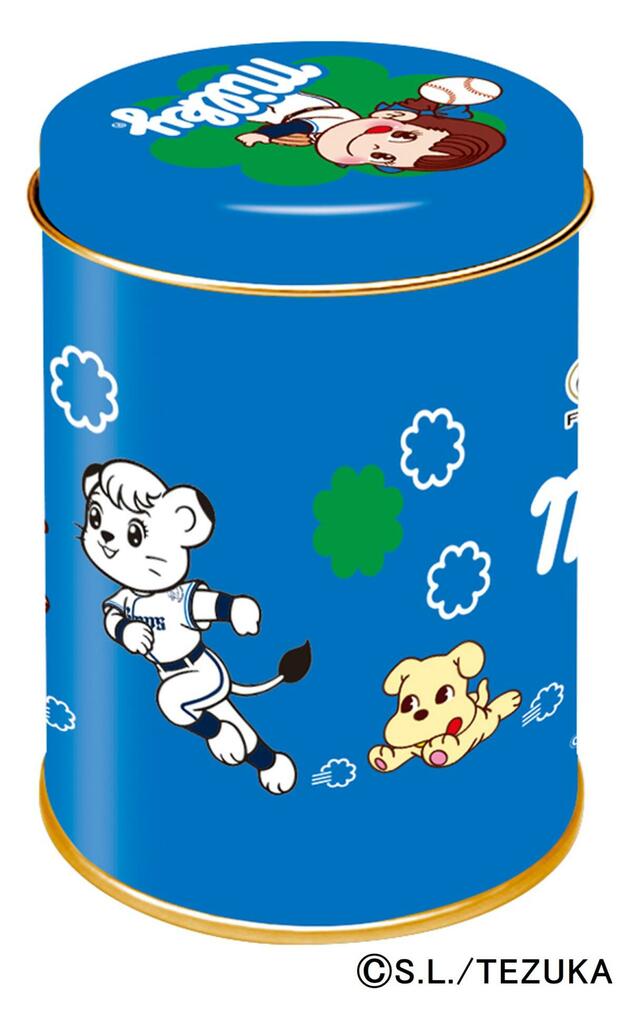 「ミルキー缶(みんなで走る)裏」<価格:880円(税込)>【“ペコちゃん×埼玉西武ライオンズ”の人気コラボが今年も実現! Lポーズをしているオリジナルデザイン商品が登場!】