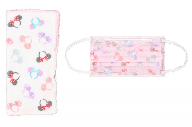 タオルポーチ＆不織布マスク 1,700円｜サイズ：（タオルポーチ）縦約25×横約13cm、（不織布マスク）縦約10×横約18cm、10枚セット｜東京ディズニーリゾート くすみパステルのカチューシャ柄グッズ｜販売店舗：東京ディズニーランド「ビレッジショップス」、東京ディズニーシー「エンポーリオ」｜発売日：2023年7月6日（木）