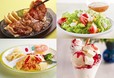 【左上】 豚肩ロースのこだわりしょうが焼きグリル、【左下】 キッズオムライスプレート、【右上】 イタリアンチェリーモッツァとトマトのサラダ、【右下】 カスピ海ヨーグルトとチーズケーキのストロベリーパフェ