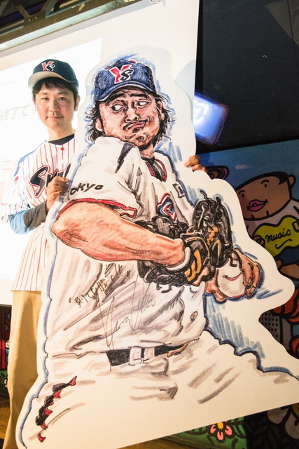 『プロ野球画報』イベント／褒められたくて…で描いた、ながさわによる石井一久のイラストをパネルに