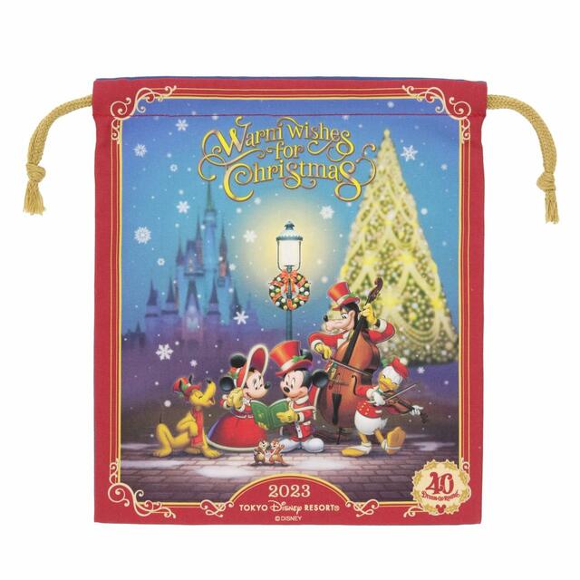 きんちゃく 850円｜「ディズニー・クリスマス」スペシャルグッズ｜東京ディズニーリゾート40周年“ドリームゴーラウンド”｜発売日：2023年11月7日（火）｜販売店舗：東京ディズニーランド「ディズニー＆カンパニー」、東京ディズニーシー「エンポーリオ」