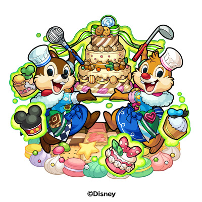木属性 ★6「シェフ チップ&デール(進化)」反射 / バランス型 / 種族:ミッキー&フレンズ / アビリティ:リジェネ、水属性キラー、アンチブロック(ゲージ)、SSターン短縮(ゲージ) / ストライクショット:パワー・オブ・クッキング(ふれた敵にどんぐりメテオで追い討ち)/ 友情コンボ:トライブパルス|モンスターストライク