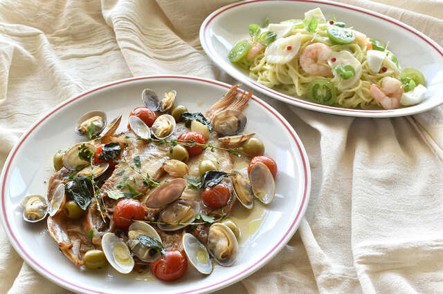 【ACAO SUMMER FOREST】「ACAO ROSE SQUARE」金目鯛を使用したアクアパッツァ、水タコと海老の冷製パスタ