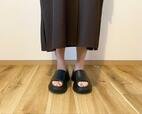 【無印良品　なめらか　五分袖ワンピース】身長166cm・Lサイズ着用。くるぶしから10cmほど上あたりの丈感です