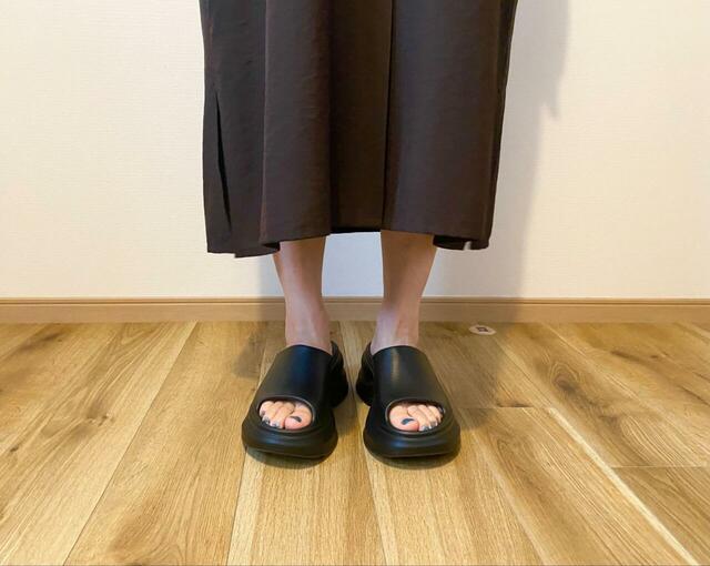 【無印良品 なめらか 五分袖ワンピース】身長166cm・Lサイズ着用。くるぶしから10cmほど上あたりの丈感です
