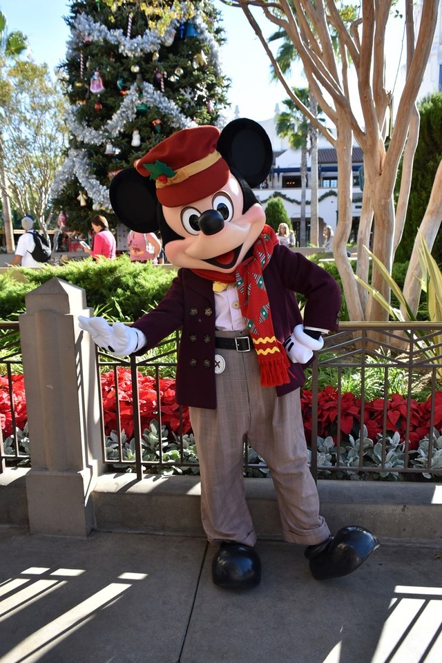ミッキーも臙脂色のジャケットと赤いマフラーで冬支度も万全? ! 