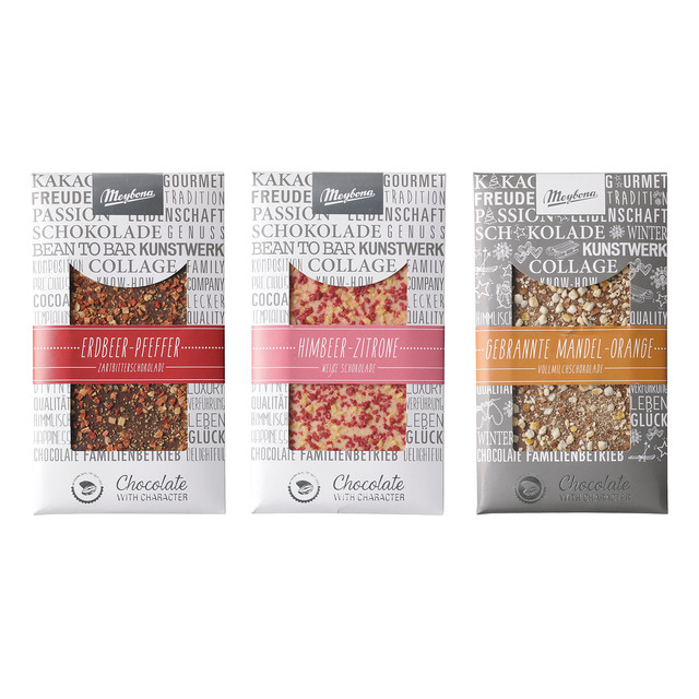 左からマイボナ ストロベリー＆ペッパーダークチョコ、ラズベリー＆レモンホワイトチョコ、アーモンド＆オレンジミルクチョコ