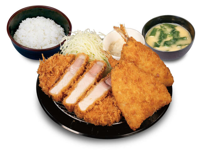 ・超厚切りリブロースかつ＆アジフライ（1枚）定食　1,290円→アジフライが2枚になって価格はそのまま1,290円【松のやの「倍量フェア」】