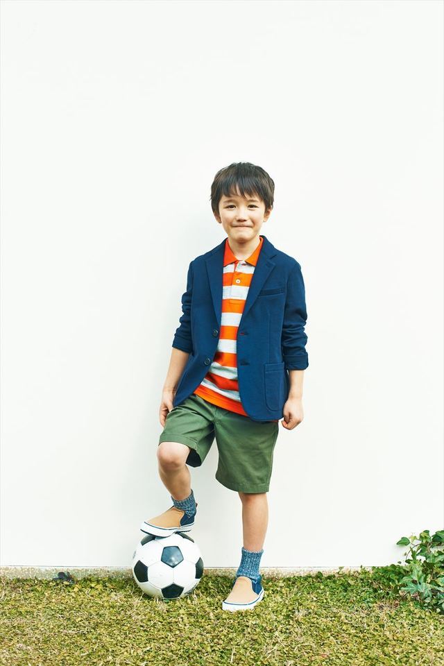 カットソーテーラードジャケット／ドライカノコボーダーポロシャツ／イージーハーフパンツ ※靴、靴下はスタイリスト私物