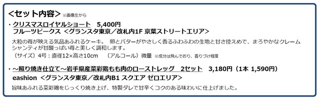 「定番メイン2種セット（左から）クリスマスロイヤルショート、～照り焼き仕立て～岩手県産菜彩鶏もも肉のローストレッグ」＜価格：8,580円（税込）＞【【JR東京駅】グランスタの2026年クリスマスケーキをご紹介！Suicaのペンギンケーキや40年ぶりの復刻限定ケーキも登場！】