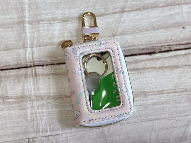 スマートキーに取り付ける落下防止チェーンリング付き。今回は交通系ICカードを入れて、自宅の鍵をつけてみました