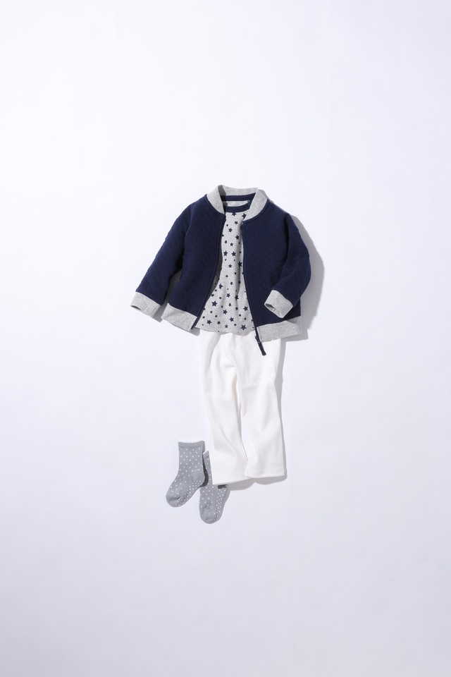 BABYキルティングブルゾン／クルーネックT（スター）／カットソーパンツ（デニム）／ソックス（トリ）