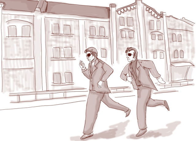 舘ひろしが歌う「冷たい太陽」が流れる中、赤レンガ倉庫前を走る2人 （エンディング再現イラスト：ナリタノゾミ）