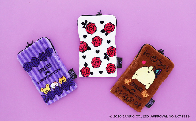 【ANNA SUI×ポムポムプリン】「ファスナー付きタオル」（3柄、各1,650円）／表裏で違うデザインを楽しめます
