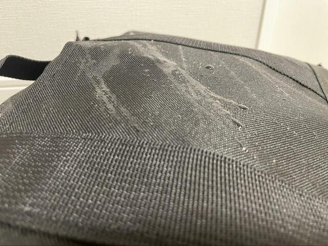 【MOOMIN 撥水 MULTI BIG TOTE BAG BOOK】霧吹きを10回ほどかけてみました。水が水滴となって弾かれています