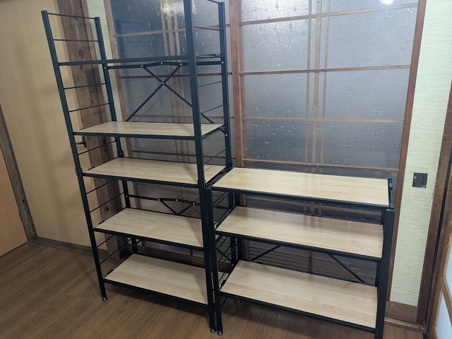 【アイリスオーヤマ 組立簡単 連結スチールラック】完成！3段タイプは幅76.0×奥行34.5×高さ80.2cm、5段タイプは幅76.0×奥行34.5×高さ159.2cmです
