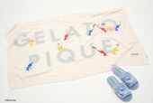 【ジェラート ピケ×ピクミン】'スムーズィー'ジャガードブランケット ￥8,250（カラー：オフホワイト、サイズ：フリー）、ルームシューズ ￥4,620（カラー：ブルー/イエロー/レッド、サイズ：フリー）