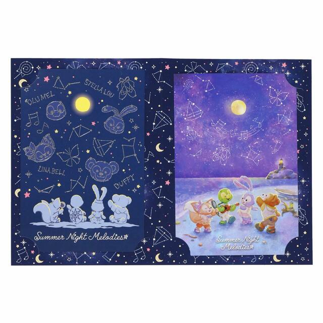 ポストカードセット 750円|サイズ:(ポストカード)縦約15×横約10cm、2枚セット、シール:(シート大)縦約13.5×横約11.2cm(シート小)縦約5.2×横約11.2cm|「ダッフィー&フレンズのサマーナイト・メロディー」スペシャルグッズ|東京ディズニーリゾート40周年“ドリームゴーラウンド”|発売日:2023年7月3日(月)|販売店舗:東京ディズニーシー「マクダックス・デパートメントストア」