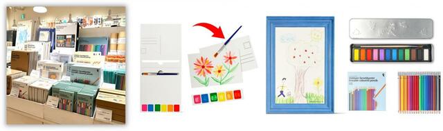 【フライングタイガー】（左）水彩ポストカードブック 330円中（左）縁ありスケッチブック 550円（右上）水彩絵具 330円（右下）消せる色鉛筆 550円