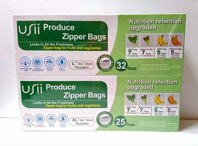 【コストコ　USii 鮮度ジッパー型保持袋　XL×25枚、L×32枚　1548円】サイズの異なる2種類の袋がセットになっている