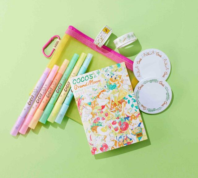 「文具セット」【ココス「ココス×北澤平祐コラボ夏の福袋(税込3,500円)」≪ノート(A6サイズ)、付箋2種(直径7cm)、マスキングテープ2種(テープ幅1.5cm×5m)、 ラインマーカー6色セット(紫、ピンク、橙、緑、黄、青)メッシュポーチ(20cm×15cm)≫