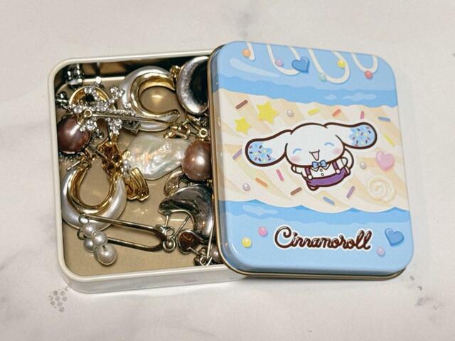 シナモンの缶にはピアスをイン。大ぶりなピアスも収納できました!