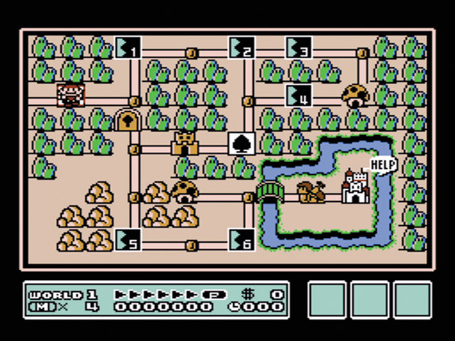 スーパーマリオブラザーズ3／各ワールドにはマップが存在し、すごろくのマスのように、コースやボーナス施設などが配置されている。これらをクリアして城に到達し、敵を倒すと、次のワールドに進める。