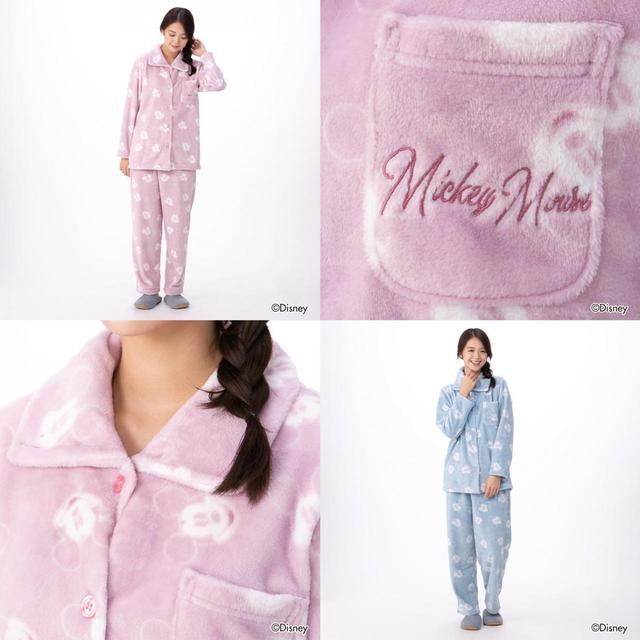 ディズニーキャラクター シャツパジャマ ミッキー フェイスフランネルフリース総柄 レディース
