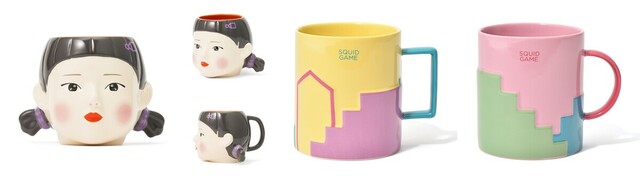 「SQUID GAME マグ ヨンヒ」1,800円（税込）　「SQUID GAME マグ」イエロー／ピンク　1,500円（税込）