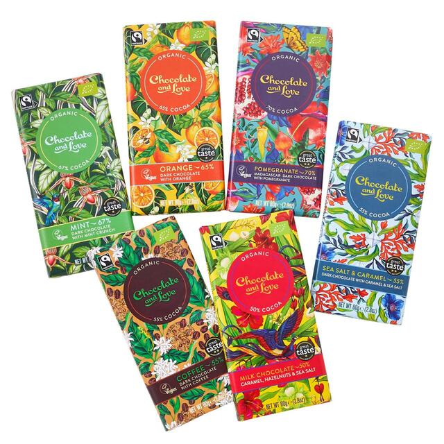 Chocolate and Love 80g(ミルクヘーゼルナッツ、オレンジ、ザクロ、コーヒー、シーソルト＆キャラメル、ミント) 各864円