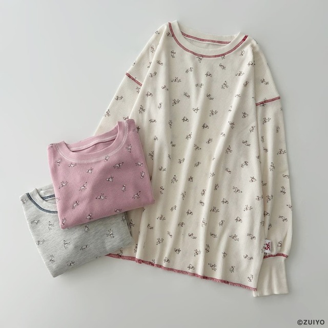 【『アルプスの少女ハイジ』×ehka sopo】「総柄ワッフルカットソー」カラー:キナリ/グレー/ピンク ¥4,290