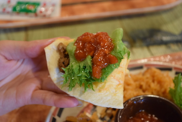 ケサディーヤ、お肉、サラダ、サルサソースの組みあわせがおいしかったです! 