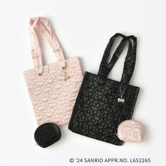 【HELLO KITTY×OPAQUE.CLIP】ハローキティのアイコンでもあるリボンモチーフをキルティングで表現したトートバッグとポーチ「リボンキルティングバッグ」¥6,600（税込）「リボンキルティングポーチ」¥3,960（税込）