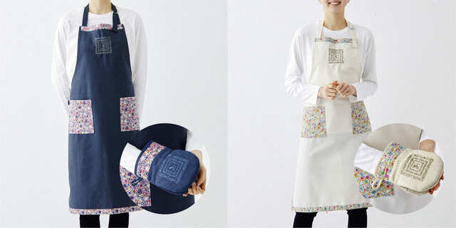 【紀ノ国屋】紀ノ国屋 リバティプリント エプロン＆ミトンセット（ネイビー／ナチュラル）