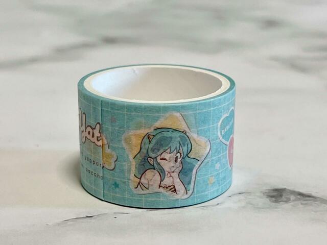 【100円ショップ×うる星やつら】ライトブルーはチェック柄。幅2.5cm×2mです