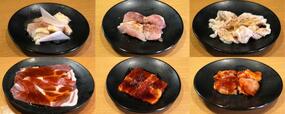 【焼肉きんぐ 鶏なんこつ焼(塩)・【ほりにし焼肉】 鶏カルビ・【ほりにし焼肉】 鶏皮・炙り熟成肩ロース【ポーク】(タレ)・【旨辛焼肉】炎の厚切り豚カルビ ・鶏カルビ(味噌)】肉の種類も味付けも豊富です！
