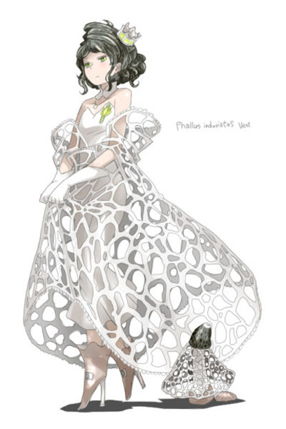 *手描きイラスト　創作　オリジナル　真暗森のキノコ姫「タマシロオニタケ」 透明水彩　色鉛筆 A5水彩紙*