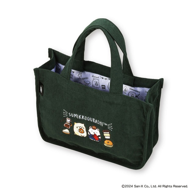 【すみっコぐらし 珈琲館 ハッピーバッグ】「オリジナルコーデュロイバッグ」グリーンは薄紫色の内生地