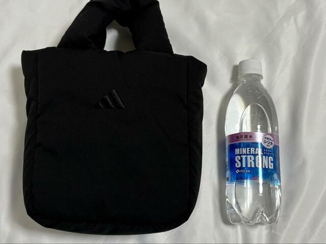 【adidas マストハブ パフィー スモール バッグ】サイズは約縦20×横20×マチ8cm。縦・横ともに500mlのペットボトルがピッタリ入るくらいのサイズ感です