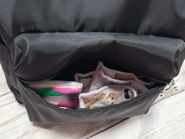 外側のポケットには、よく取り出すティッシュやミニタオルなどを収納