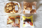 左上から時計回りに、ふっくら生地のプチシュー13個　（税込300円）、大きなツインシュー（税込113円）、ぷるシュー-ぷるるんとしたプリンシュー-（税込195円）、濃厚カスタードのさくっとシュー（税込150円）