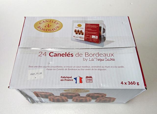 【コストコ　CANELES（カヌレ）　1.44kg（360g×4箱）　1878円】大きな箱の中に、カヌレ6個入りのパックが4つ